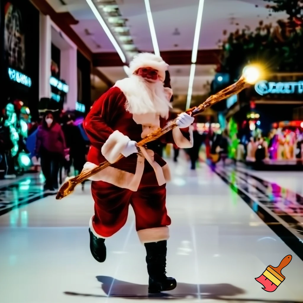 Santa Claus running with the walking stick running with his magic walking stick walking in the shopping centre with the walking stick magic staff walking stick