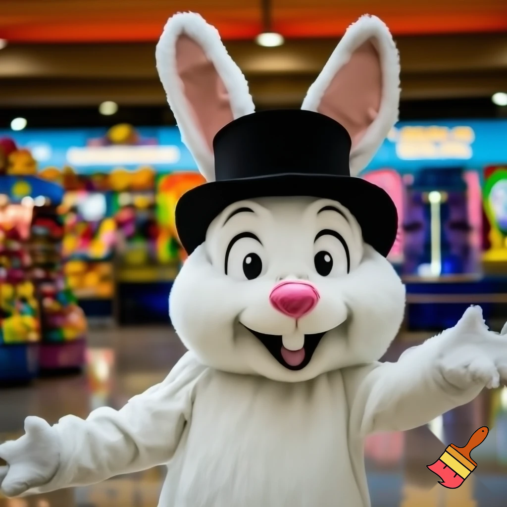 Easter bunny mascot top hat at the shopping centre mascot costume Darrell Lea magic room