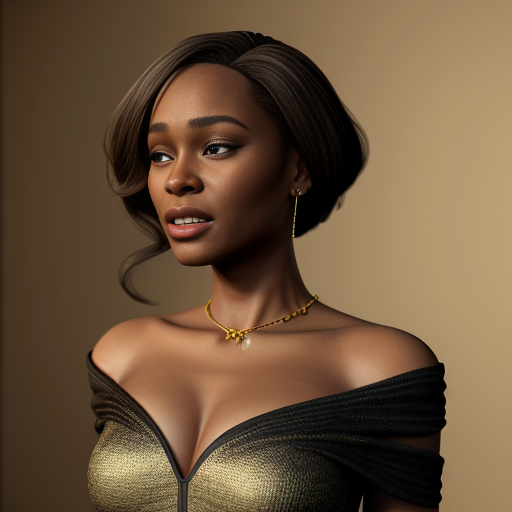 The background is decorated with gold leaf. Half-profile of a beautiful and elegant young Black woman resembling Whitney Houston. Gold chased work, fine knitwear, 3D effect, high décolletage, narrow waist, dress made of silk and taffeta. Embroidery. Style: Emile Mounier, Bugro
