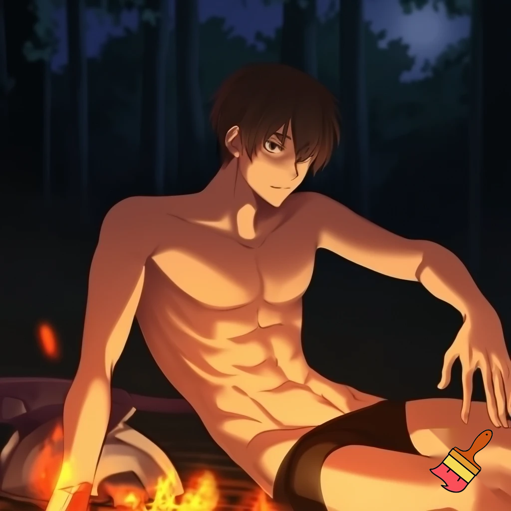 A teenage Anime knight sitting next to a campfire with all of his cloths except his underwear off and he has abs and muscles