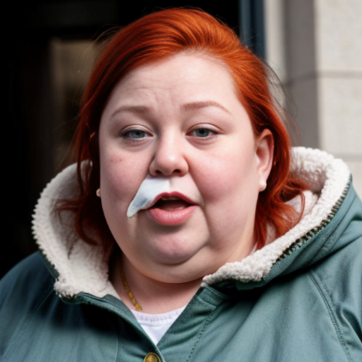A fat lady that wears a green coat, has bulging ankles, dirty sneakers, loose fleshy cheeks, neck covered by fat, sparse red hair pinned back by a plastic barrette, tiny face features, and small blue eyes.