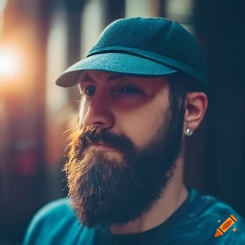 music producer with cap an short beard posing for a fotoshooting in front of a building
