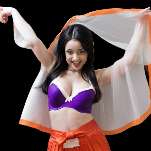 90's disney's 2d aladdin style comic black background and panels of 
(panel 1  black hair Woman barefoot with white harem pants and bra purple vest and orange sash with both hand palms place together and hiding the bottom of her mouth with a red veil wrapped around her arms and shoulders and with both hand palms place together and hiding the bottom of her mouth and swaying her hips left.)
(Panel 2 Then the black hair woman barefoot with white harem pants and bra , purple vest and orange sash with red veil wrapped around her arms and shoulders with both hand palms place together and hiding the bottom of her mouth swaying her hips right .)
(Panel 3 then the black hair woman with white harem pants and bra ,purple vest and orange sash and red curved slippers spreading her arms, happily revealing her face to the viewer and giving a smile as shook her belly left and right.)
(Panel 4 then the black hair woman  with white harem pants and bra and red sash and red curved slippers with a blue veil wrapped around her arms and shoulders and spreading her arms  then started to fading away , except her belly, which is bouncing around.
(Panel 5 and the black hair woman with blue harem pants and red bra and red sash and red curved slippers with a blue veil wrapped around her arms and shoulders then swaying of her belly and hips.)
(Panel 6 then  the black ponytail hair woman with blue skin and blue  harem pants and red bra and red sash and red curved slippers then blowing kisses to the viewer.) 