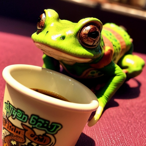 A hillarious, funny boho toad with some hippie colored coffee cups. Psychedelic decorated background, hyperrealistic. Close-up view.