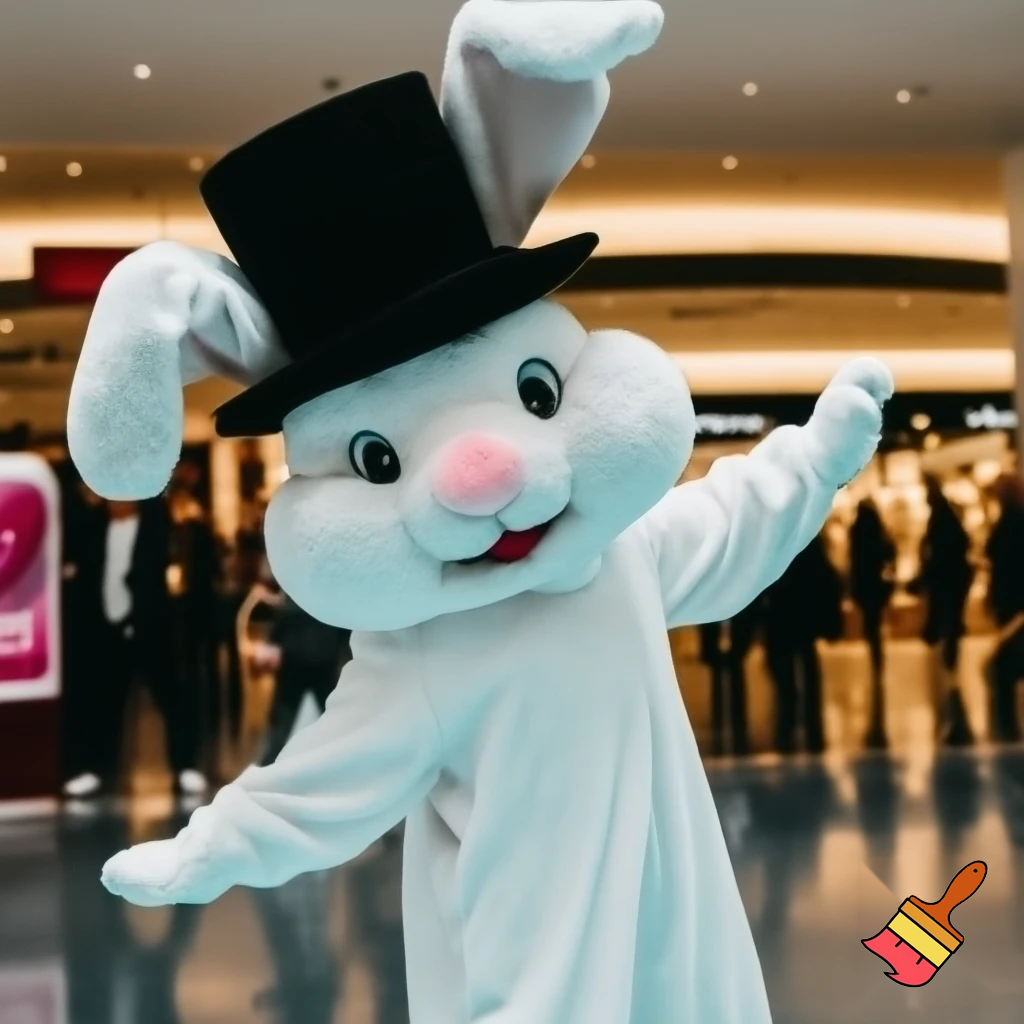 Easter bunny mascot top hat at the shopping centre mascot costume Darrell Lea magic room Australia dancing