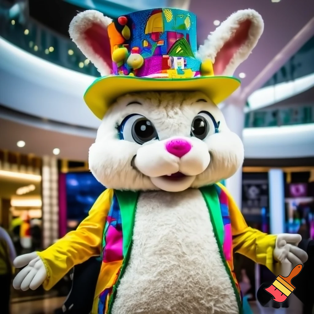 Easter bunny mascot costume top hat shopping Centre colourful jacket  colourful top hat