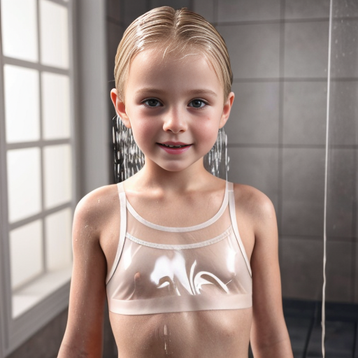 Genera la imagen real de 2 niñas rubias  de  6 años , vestidas con lenceria muy transparente y ajustada sin ropa, duchandose 