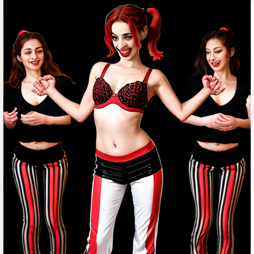 90's disney's 2d aladdin style comic black background and panels of panel 1 Harley Quinn with light black and red striped harem pants and bra and black and red curved slippers with both hand palms place together and hiding the bottom of her mouth with a light black and red striped veil wrapped around her arms and shoulders. 
panel 2 she danced with light black and red striped harem pants with light black and red striped bra and red and black curved slippers and with light black and red striped veil wrapped around her arms and shoulders and raising legs and bounced up and down her belly and shook her hips left and right. 
panel 3 as Harley Quinn with light black and red striped harem pants and bra and red and black curved slippers and with red and light black striped veil wrapped around her shoulders and arms and spreading her arms, happily revealing her face to the viewer and giving a smile as she shook her belly left and right. 
Panel 4 Harley Quinn with light black and red striped harem pants and bra and black and red curved slippers and with light black and red striped veil wrapped around her shoulders and arms has started to fading away , except her belly, which is bouncing around and growing. 
Panel 5 then the ball transforms into the fading in belly of red haired giganta barefoot with dark yellow spotted yellow harem pants and bra and dark yellow spotted yellow veil wrapped around her arms and shoulders with her swaying her hips. 
Panel 6 red haired giganta barefoot with dark yellow spotted yellow harem pants and bra and dark yellow veil wrapped around her arms and shoulders flexing her arms.