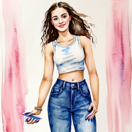 Girl who is generation alpha around 15 wearing a crop top with baggy jeans and uggs minis on. Have her holding her phone in her right hand scrolling on it with her hair down and curled,  with her standing up. 