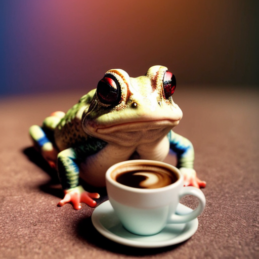 A hillarious, funny boho toad with some hippie colored coffee cups. Psychedelic decorated background.