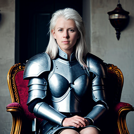 young tall white-haired woman in armor sits on a throne