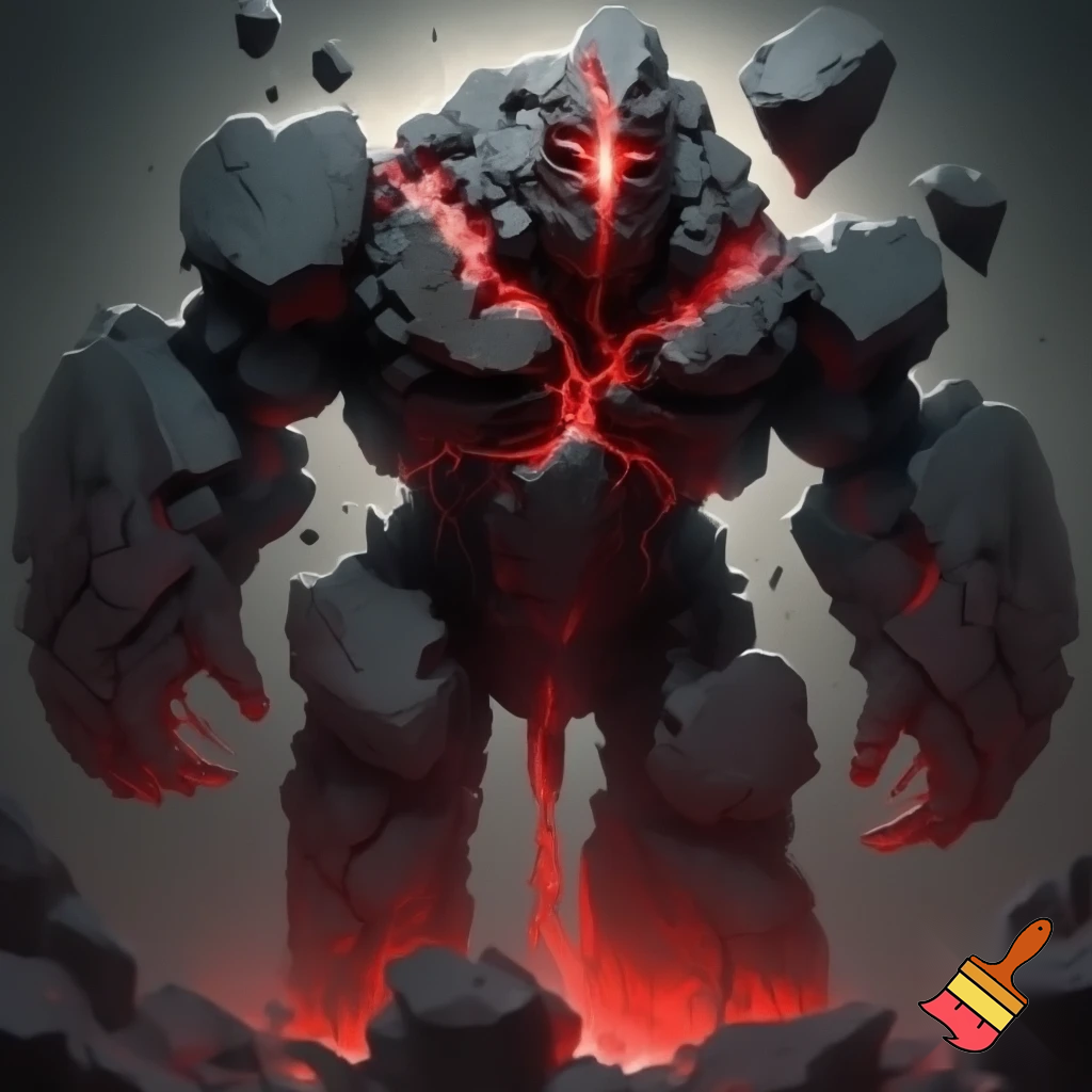 A massive stone creature made of floating black rock fragments held together by red glowing energy. His body looks like a broken statue drifting in place, with heavy stone plates orbiting around him. His mask-like face has a red crack running vertically down the middle. He looks intimidating, powerful and ancient, with an aura of weight and gravity.