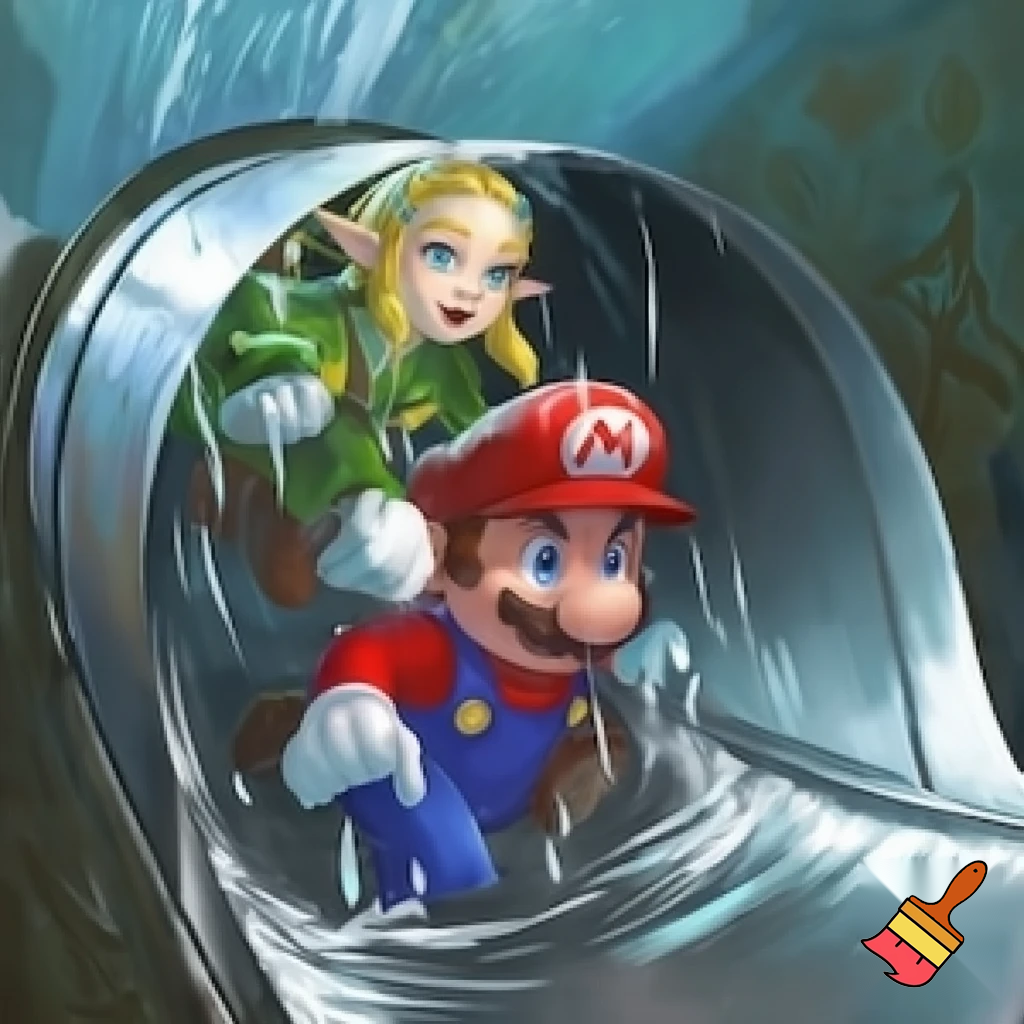 Mario sliding down a metal tube with zelda, the tube is wet