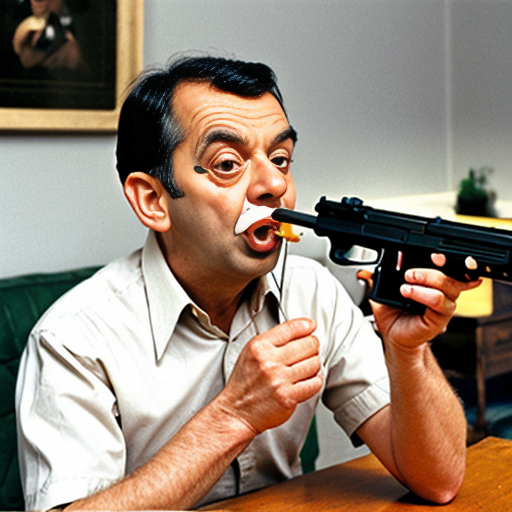 mr bean eating a gun