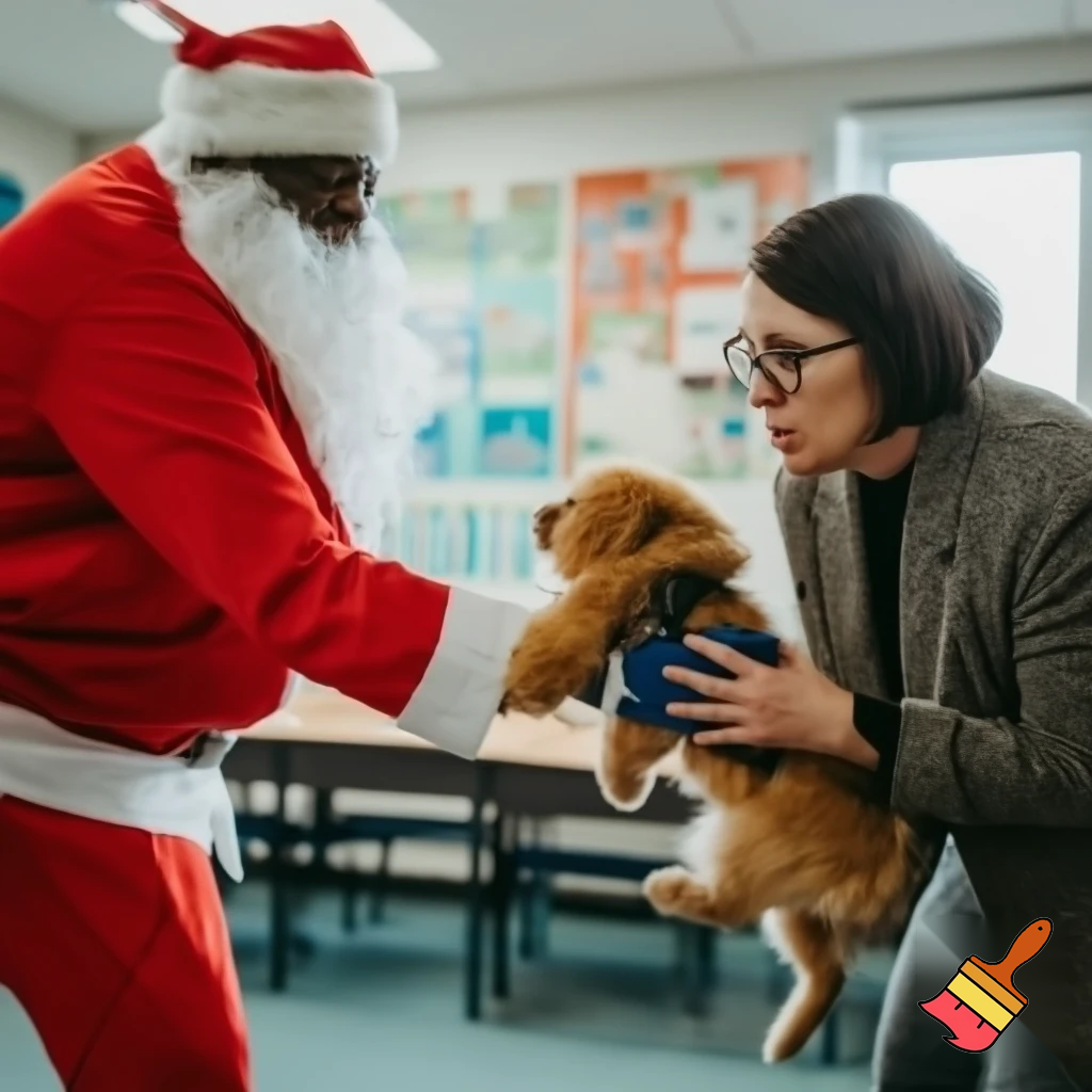 teacher and Santa fighting over a puppy
