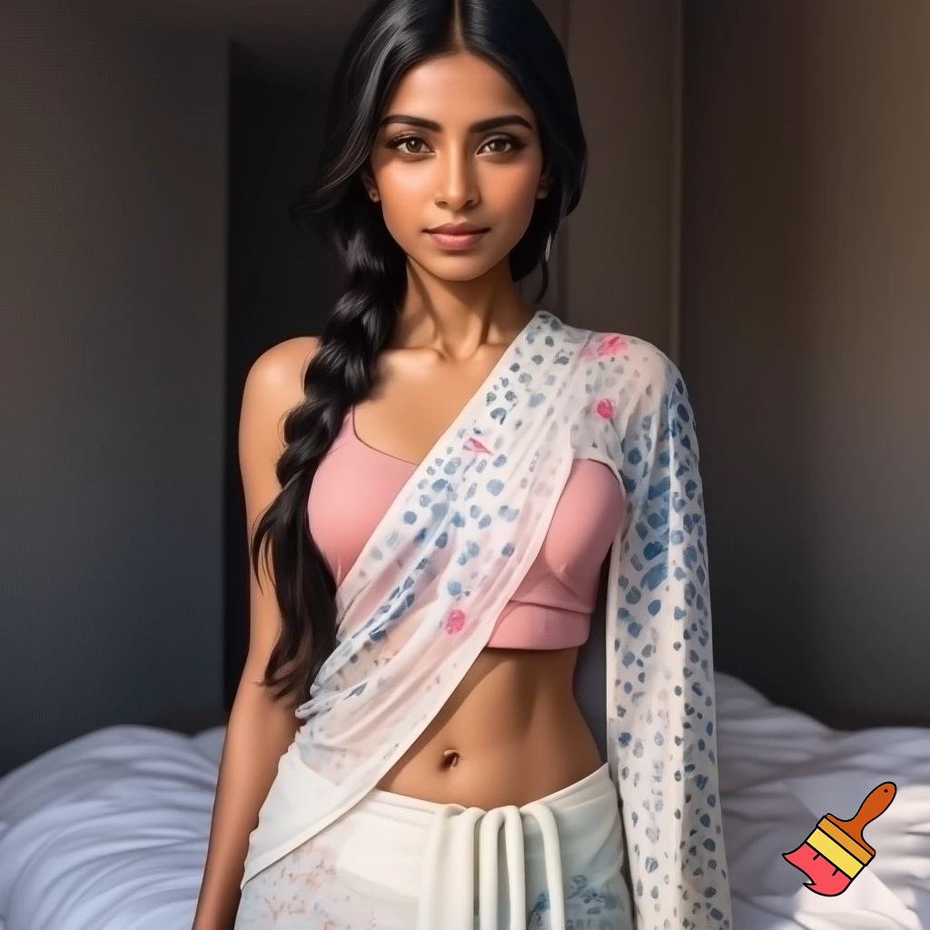 "Photorealistic full-body portrait of a beautiful young Indian woman with fair glowing skin, sharp jawline, big expressive hazel-green eyes, thick dark eyebrows, natural pores and subtle blush on cheeks, long straight black hair loosely tied with strands falling on face, slight natural smile, wearing light pink sleeveless cotton blouse and white sheer saree with subtle blue fish-scale patterns and pink floral embroidery draped elegantly from waist down covering below waist fully, pleats neatly in front, pallu draped over left shoulder, standing naturally in modern bedroom with white bed sheet background, natural soft daylight from window, eye-level camera angle, full body visible from head to ankles showing complete saree drape and midriff slightly exposed, high detail realistic skin texture, pores, fabric details on saree and blouse, 8k ultra HD, sharp focus, candid natural look, exact face, hair, expression, and skin details as reference image"