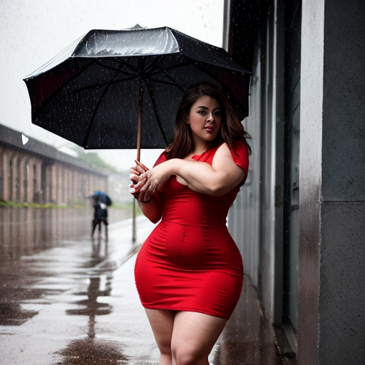 A 18 curvy sexy girl in a red dress in the rain