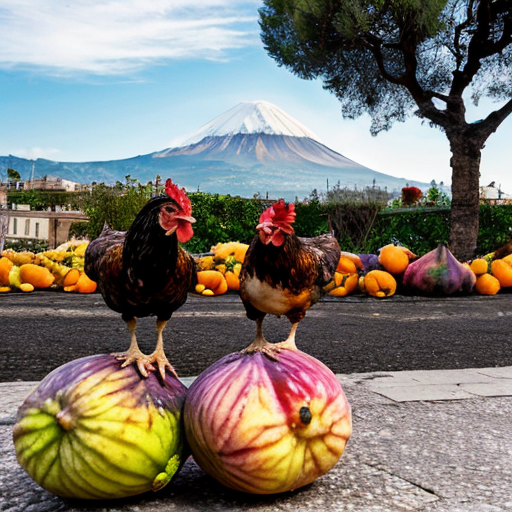 Crea un immagine che contenga un gruppo di galline, in centro a Catania e sullo sfondo l'Etna. Il tutto deve essere circondata da fichi d'india e arance
