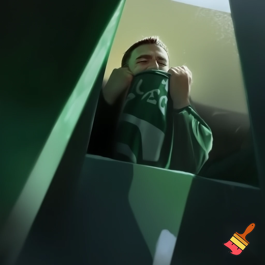 A Panathinaikos fan with a Panathinaikos scarf and clothes is at the Aris stadium in Kleanthis Vikelidis and is hiding so they won't find him.