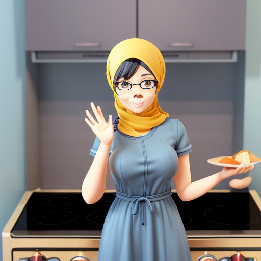 Pixar-style 3D cartoon character, standing at the stove, cooking gesture, exaggerated cartoon features, big expressive eyes, Muslim woman 35-40 years old, fully covered in wide light blue dress, loose modest clothing, headscarf covering all hair, no sexualized features, gray background, simple cartoon style
