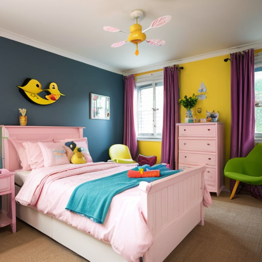 Mother duck, plain duckling, pink bow duckling girl, twin blue bow tie duckling girl, red cap duckling and colourful multi umbrella duckling's pink living room, yellow kitchen, blue bathroom, green children's bedroom and rainbow parent's bedroom inside the red duck apartment.