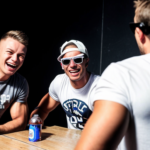 5 Jacked strong lean 20 year olds men wearing with bully clothes so cool and sunglasses and all of them are wearing white t shirt with dark blue jeans and they are all smiling and laughing in a dark room with party lights on (no one else in the room) (2010s color photo) (realistic photo with a slight shaky effect) and it looks like there is soda on the table. Some of them have buzzcuts and some of them look like david goggins (literally david goggins) and otjers just look normal