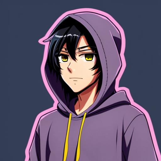 black anime teenage boy wearing a dark blue hooded jumper with the hood up and his eyes are bright purple