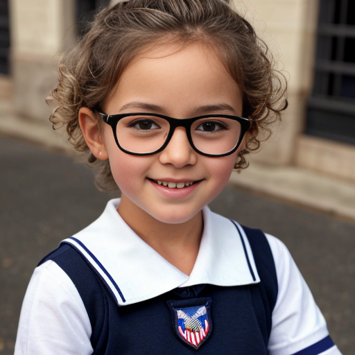 Cute adorable niña Chilindrina glasses con hair lazo curly Blonde con sailor uniforme escolar con zapatos negros escolar con calcetines blancos con Estados Unidos América bandera con desfile con ciudad 6