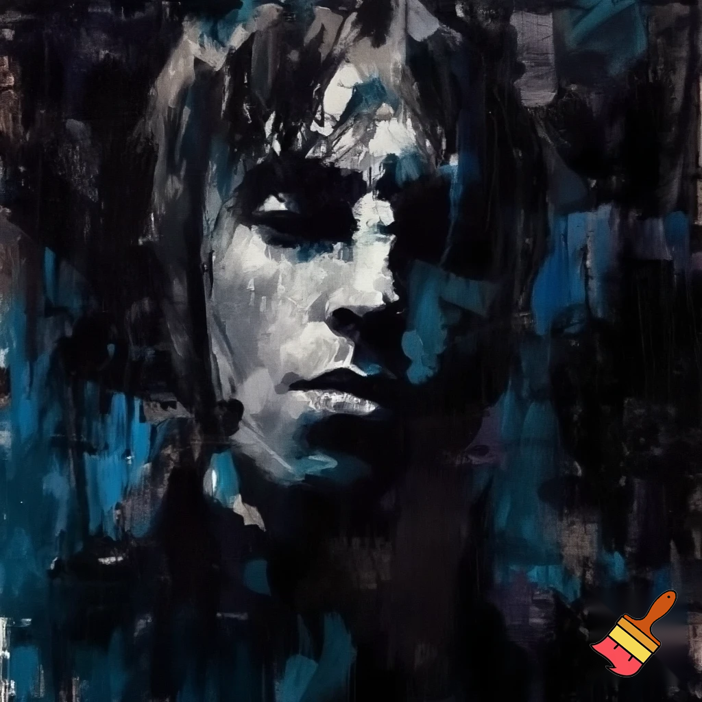 abstract expressionist portrait of Liam Gallagher in dark colours in a splashy free style