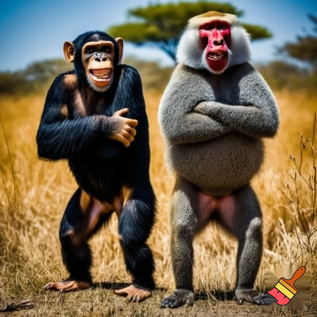 A baboon smiling and standing on his two legs with his arms crossed and looking at a chimpanzee that is standing on his two legs with his arms crossed and smiling