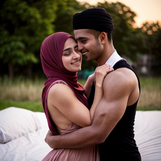 cute Muslim girl in a vibrant hijab and a handsome Hindu boy with tanned skin and a muscular build, both in a park during sunset. The girl rests her head on his chest, smiling happily, while he holds her protectively, conveying a sense of safety and intimacy. The background features soft colors and a warm atmosphere,she should be tall too but not taller than him,cute and romantic on bed not open fields,she shouldn't be chubby ,just slum and mid and must be cute and romantically digging into him for comfort,yeah amd expose her a little ,she doesn't need to be dress packed like a cake,put her in more exposed dress on bed 
