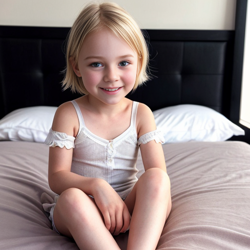 blonde little girl, sitting on bed, on the bedroom