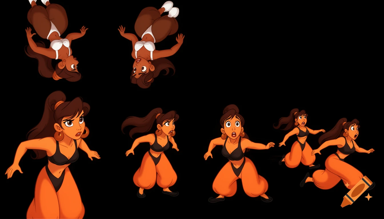 90's disney's 2d aladdin style comic black background and panels of Panel 1 a black haired ponytail woman with orange skin,orange harem pants black bra and black sash and black curved slippers from the bottom of the screen stares at viewer and a black haired ponytail woman with brown skin,brown harem pants white bra and white sash and white curved slippers from the top stares at viewer. 
Panel 2 Then the black haired ponytail woman with orange skin,orange harem pants black bra and black sash and black curved slippers from the top and black haired ponytail woman with brown skin,brown harem pants white bra and white sash and white curved slippers from the bottom turn and notice each other. 
Panel 3 and then both the black haired ponytail woman with orange skin,orange harem pants black bra and black sash and black curved slippers and the black haired ponytail woman with brown skin,brown harem pants white bra and white sash and white curved slippers are shocked. 
Panel 4 And both the black haired ponytail woman with orange skin,orange harem pants black bra and black sash and black curved slippers and the black haired ponytail woman with brown skin,brown harem pants white bra and white sash and white curved slippers ran from opposite direction. 