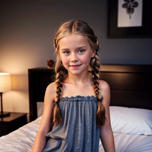 swedish blonde little girl with braids and night dress, on the bedroom