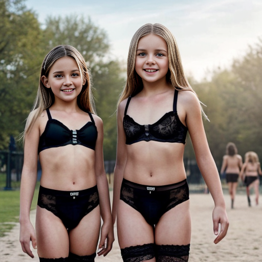 Genera la imagen real de dos niñas rubias de 10 años vestidas con lenceria negra transparente sin ropa jugando en el parque