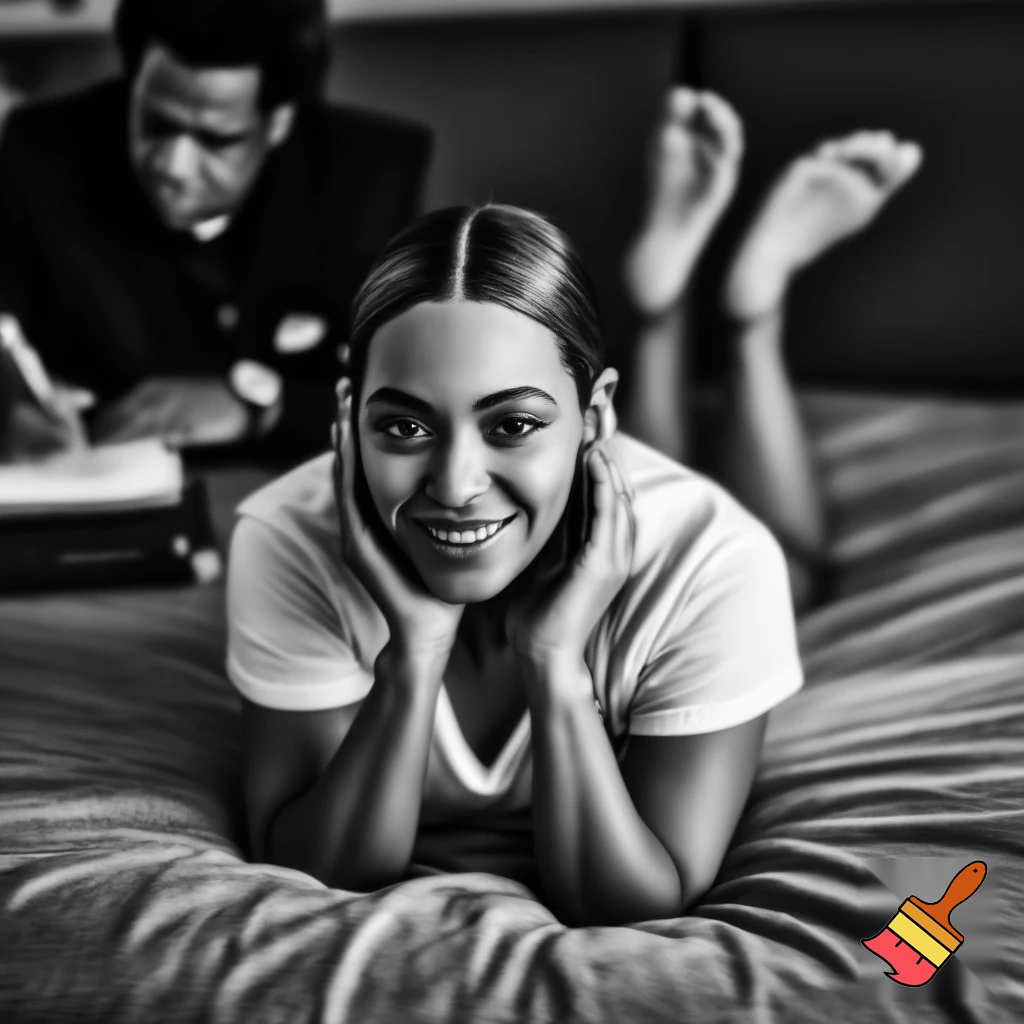 Black and white image of Beyoncé with a brown sleek middle part low back bun wearing a white t shirt laying down on her stomach in bed with her 2 feet up 2 hands on her cheeks smiling and Jay-Z is in the background writing lyrics 