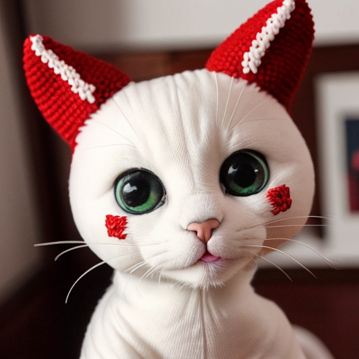 i want white cat plush with Closed embrodiered eyes, yellow horns that have a slight curve at the top, cute bright red anime-style blush, a bright red nose, and closed red wings.