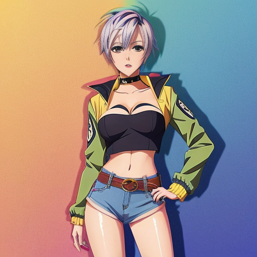 Attractive woman with an ash blonde pixie cut and a slim build wearing bold makeup wearing a cropped jacket, a bandeau top, cigarette pants with a belt and peep toe chunky heels 