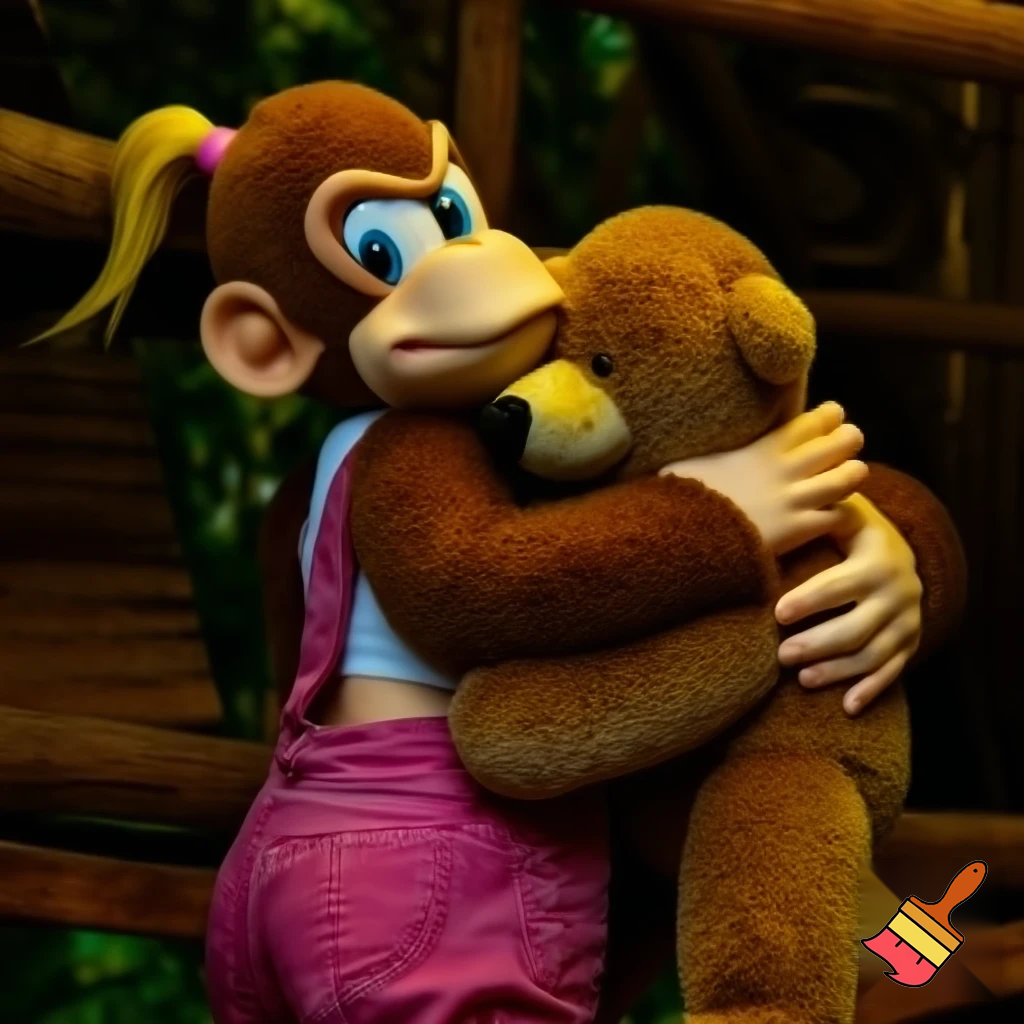 Dixie Kong hugging a teddy bear