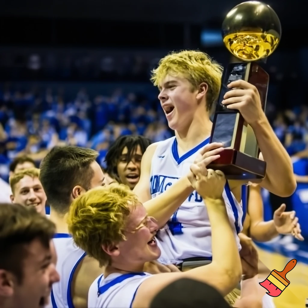 white teenage basketball with blonde hair player holds a trophy while the team is carrying him