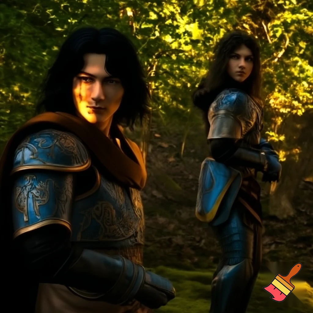 Create a photo-realistic exact replica of this reference image: https://www.slashfilm.com/img/gallery/how-ralph-bakshi-rescued-the-animated-lord-of-the-rings/our-hero-1644242156.webp. Identical composition, poses, facial expressions, clothing details (blue and gold armor with intricate engravings, brown cloak on the left figure), forest background with dappled sunlight through green leaves, warm golden-hour lighting, and moody atmosphere. Change only the hair color of the left character (blond, wavy-haired youth) from blond to jet-black, keeping length, style, and every other detail unchanged. 1280x720 resolution, 16:9 aspect ratio, high detail, no other alterations.