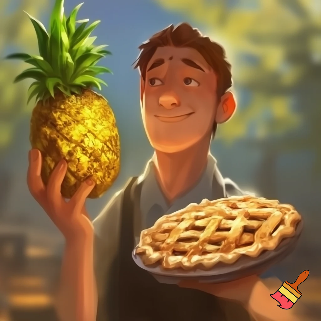 man holding a pineapple in his left hand and an pie in his right hand
