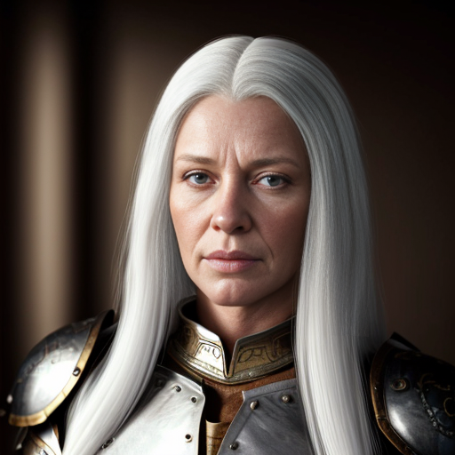 Tall white-haired woman in armor
