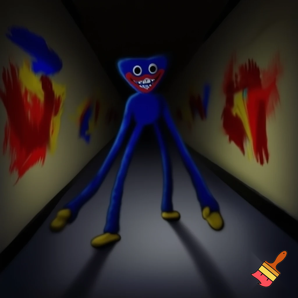 huggy wuggy in a dark gray hallway with some pictures painted in red, yellow, and blue. The feel is creepy and it feels off.
