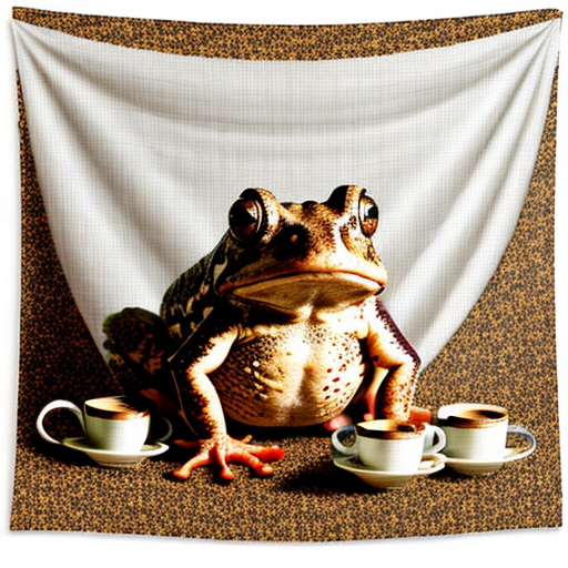 A hillarious, funny boho toad with some hippie colored coffee cups. Tapestry white background.