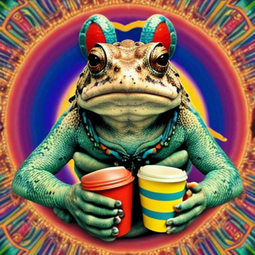 A hillarious, funny boho toad with some hippie colored coffee cups. Psychedelic decorated background.