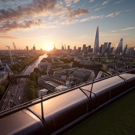 make the skyline of london with a sunset and fluying cows in the sky