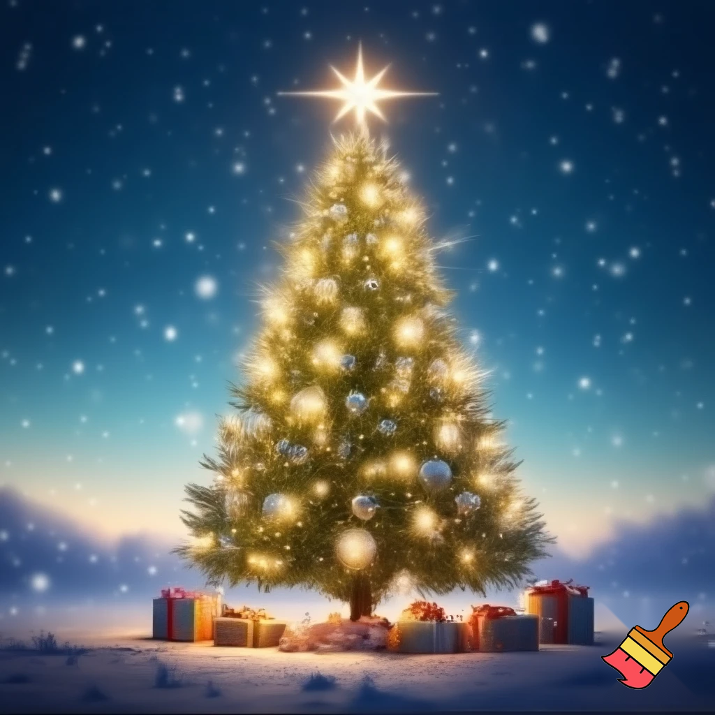 Christmas tree with  a star and present all around
