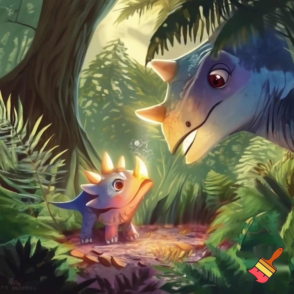 Draw a cute baby triceratops in the wild with a glowing nose horn and another dinosaur questioning him 
