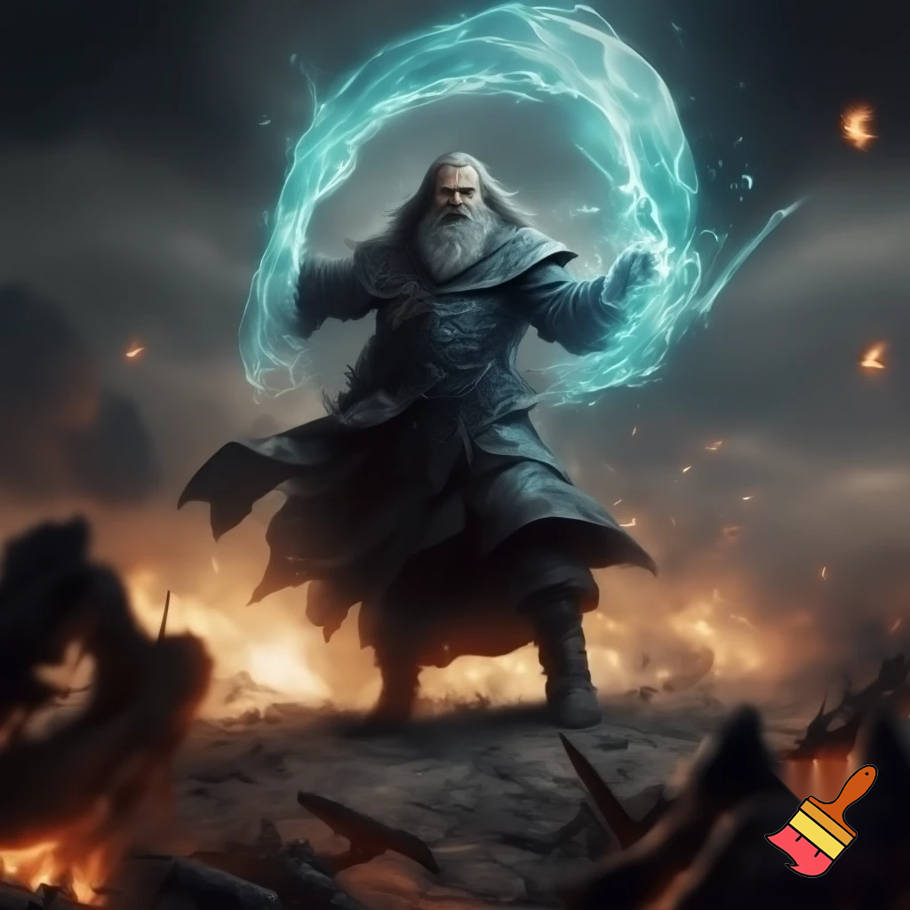 an grey-bearded archmage with hooded black robes, casting a barrier spell in a battlefield